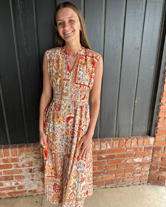 Ivory Print V-Neck Front Zip Up Sleeveless Print Midi Dress