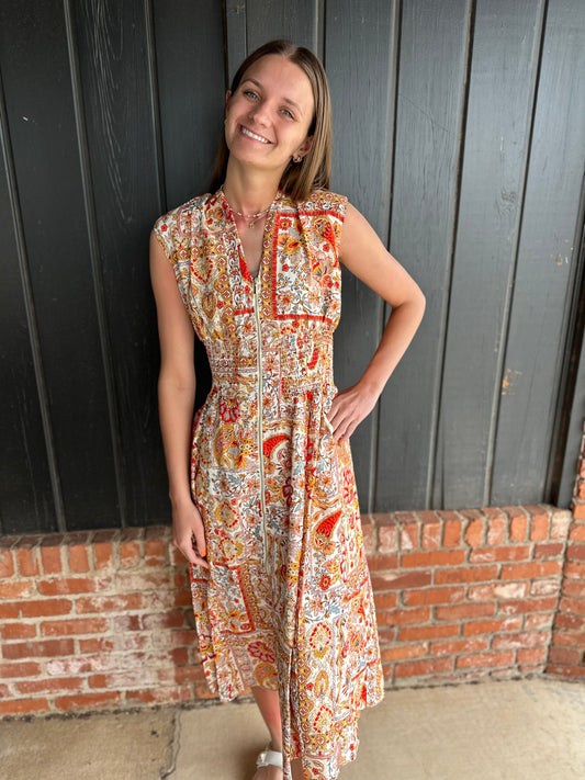 Ivory Print V-Neck Front Zip Up Sleeveless Print Midi Dress