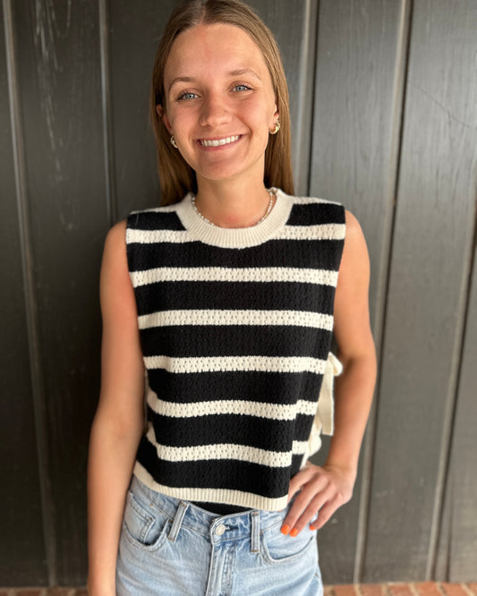 Black textured striped tied vest
