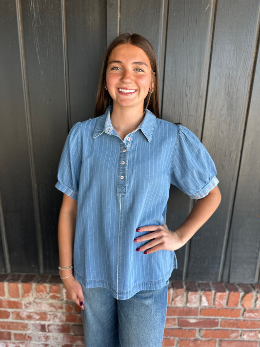Light Denim Pinstripe Puff Sleeve Button Front Top