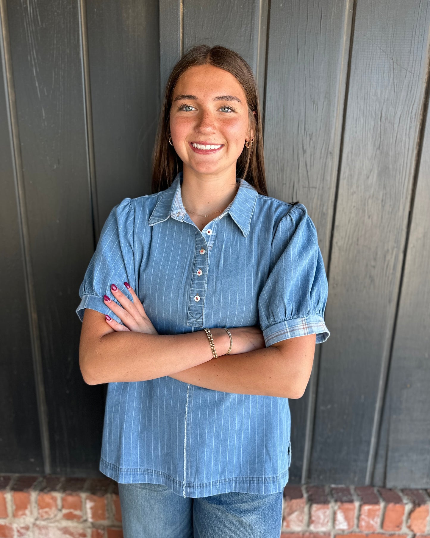 Light Denim Pinstripe Puff Sleeve Button Front Top
