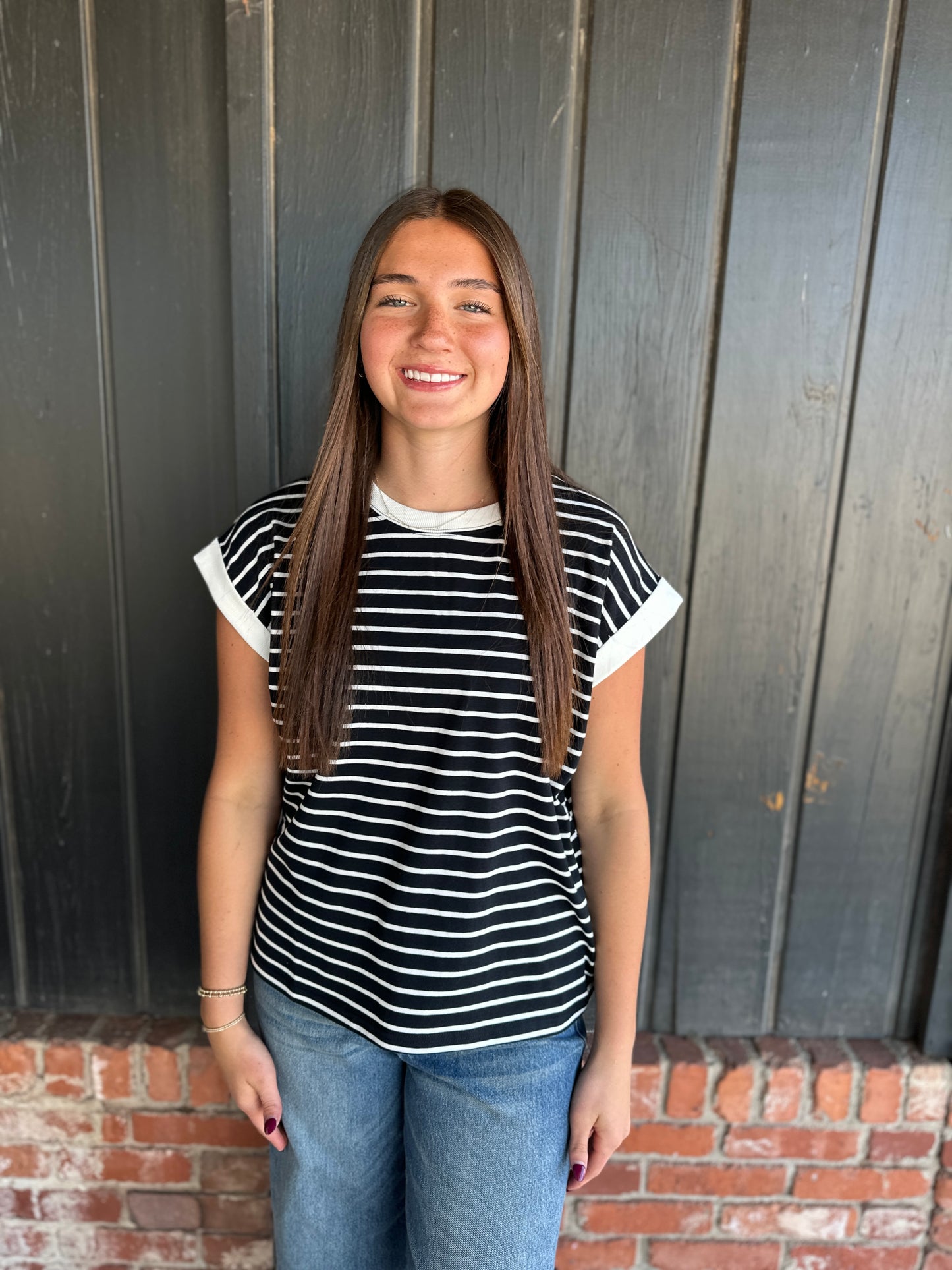 Black Stripe Cap Sleeve Stripe Tee