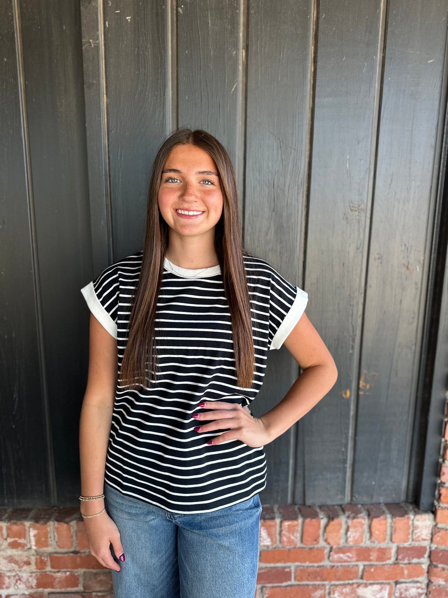 Black Stripe Cap Sleeve Stripe Tee