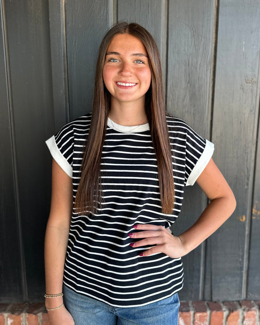 Black Stripe Cap Sleeve Stripe Tee