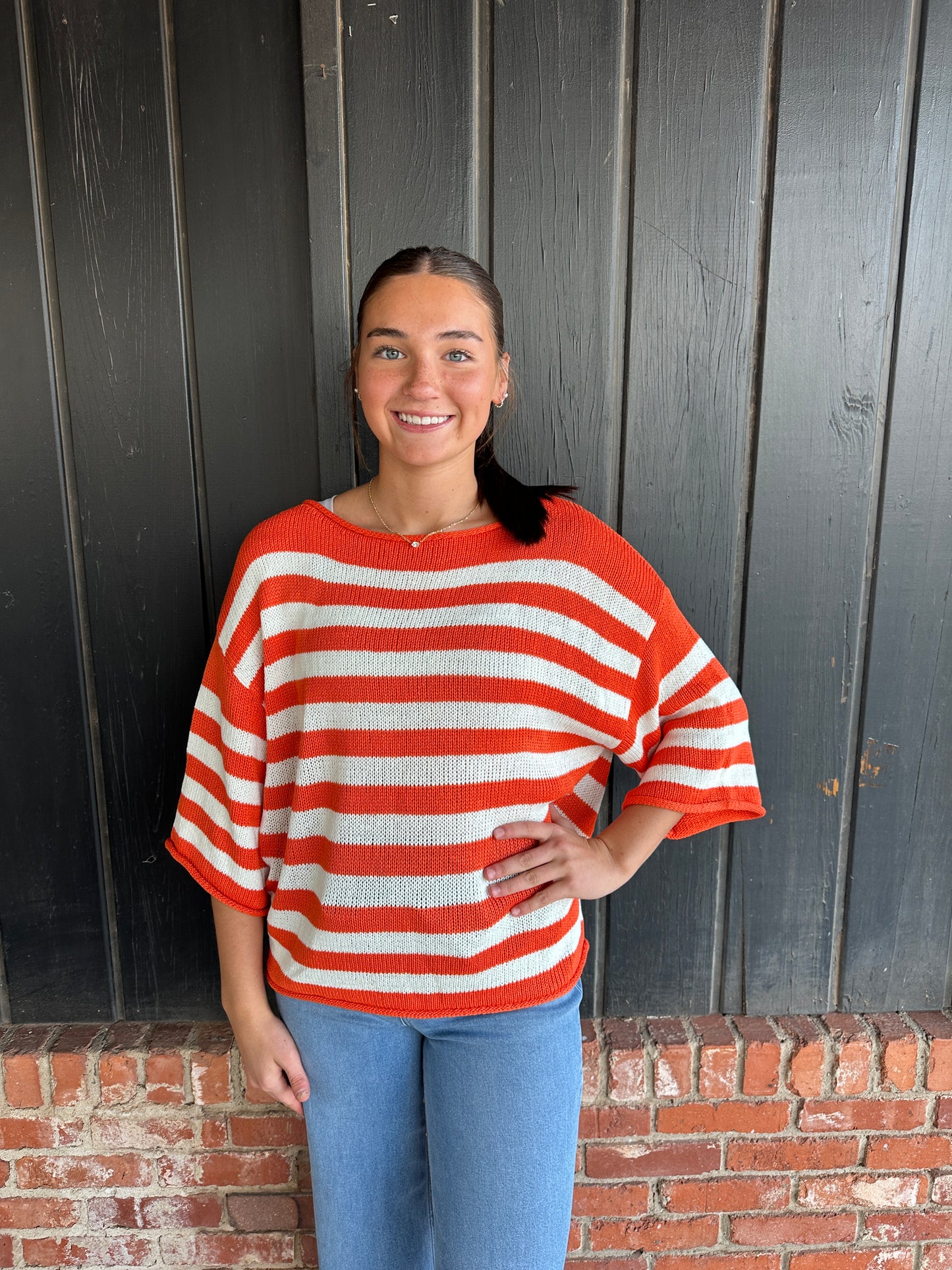 Orange Striped Boatneck Short Sleeve Knitted Sweater