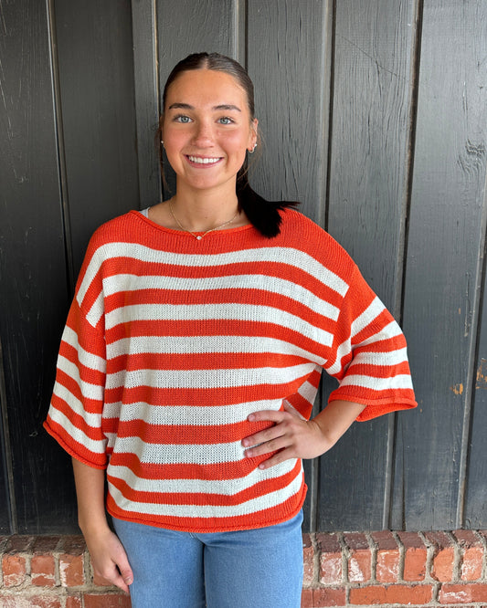 Orange Striped Boatneck Short Sleeve Knitted Sweater
