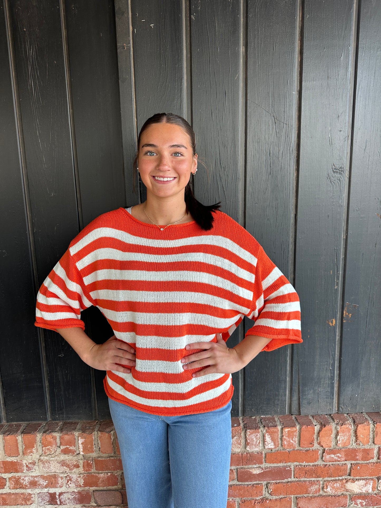 Orange Striped Boatneck Short Sleeve Knitted Sweater