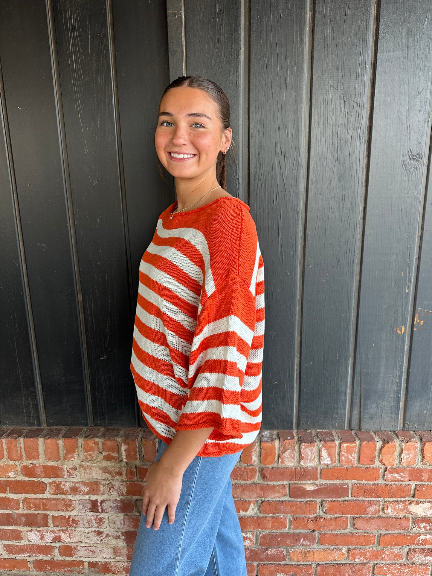 Orange Striped Boatneck Short Sleeve Knitted Sweater
