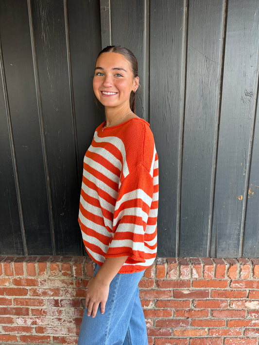 Orange Striped Boatneck Short Sleeve Knitted Sweater
