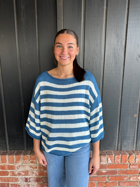 Blue Striped Boatneck Short Sleeve Knitted Sweater