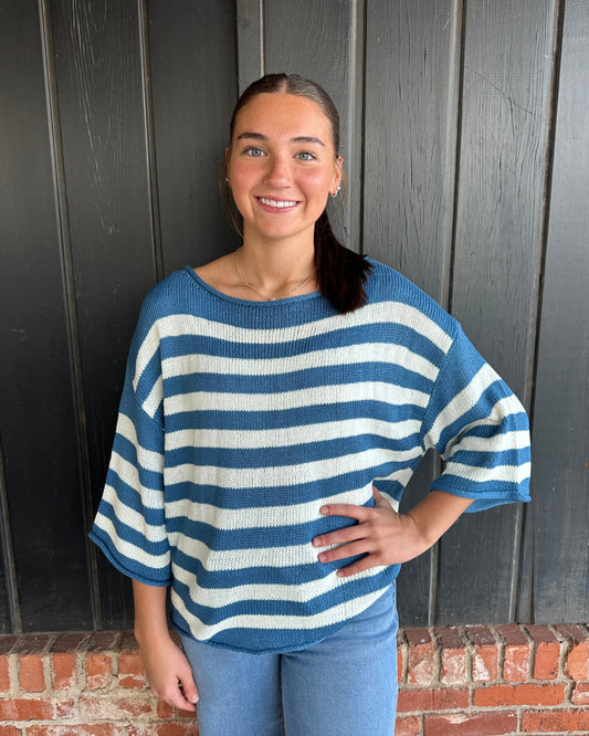 Blue Striped Boatneck Short Sleeve Knitted Sweater
