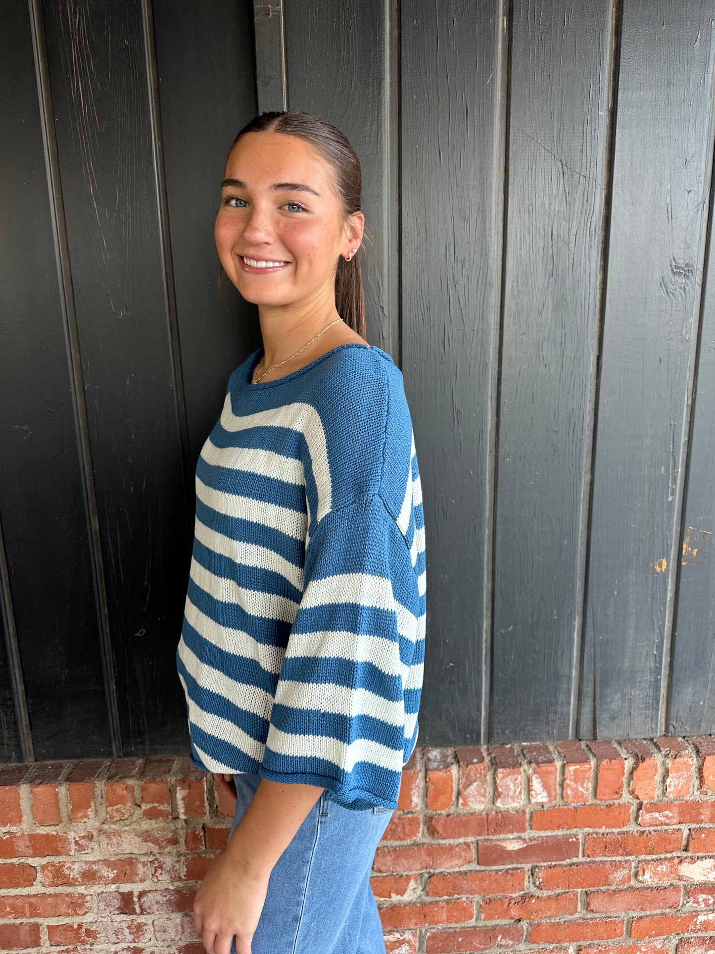 Blue Striped Boatneck Short Sleeve Knitted Sweater