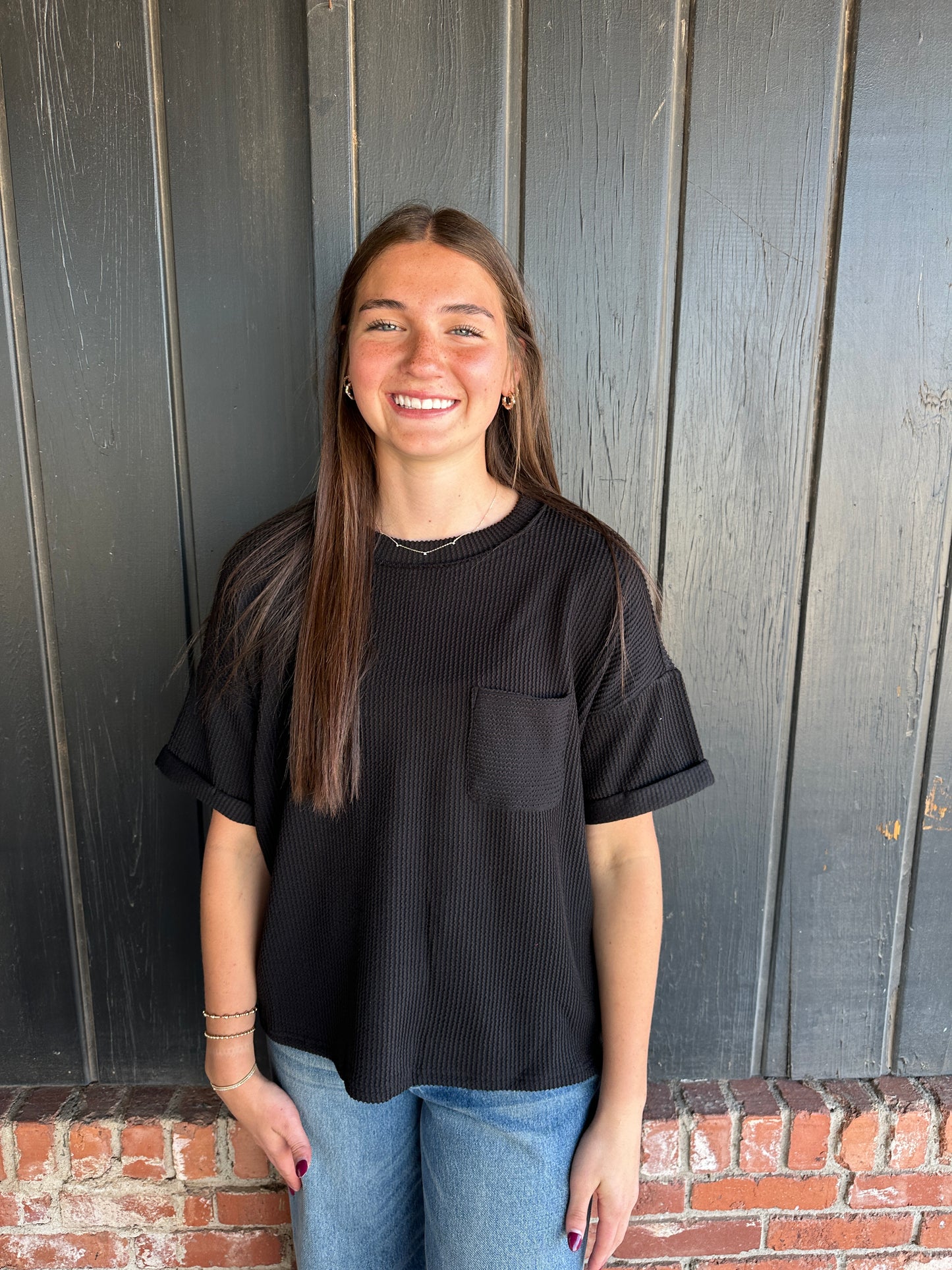 Black Ribbed pocket top
