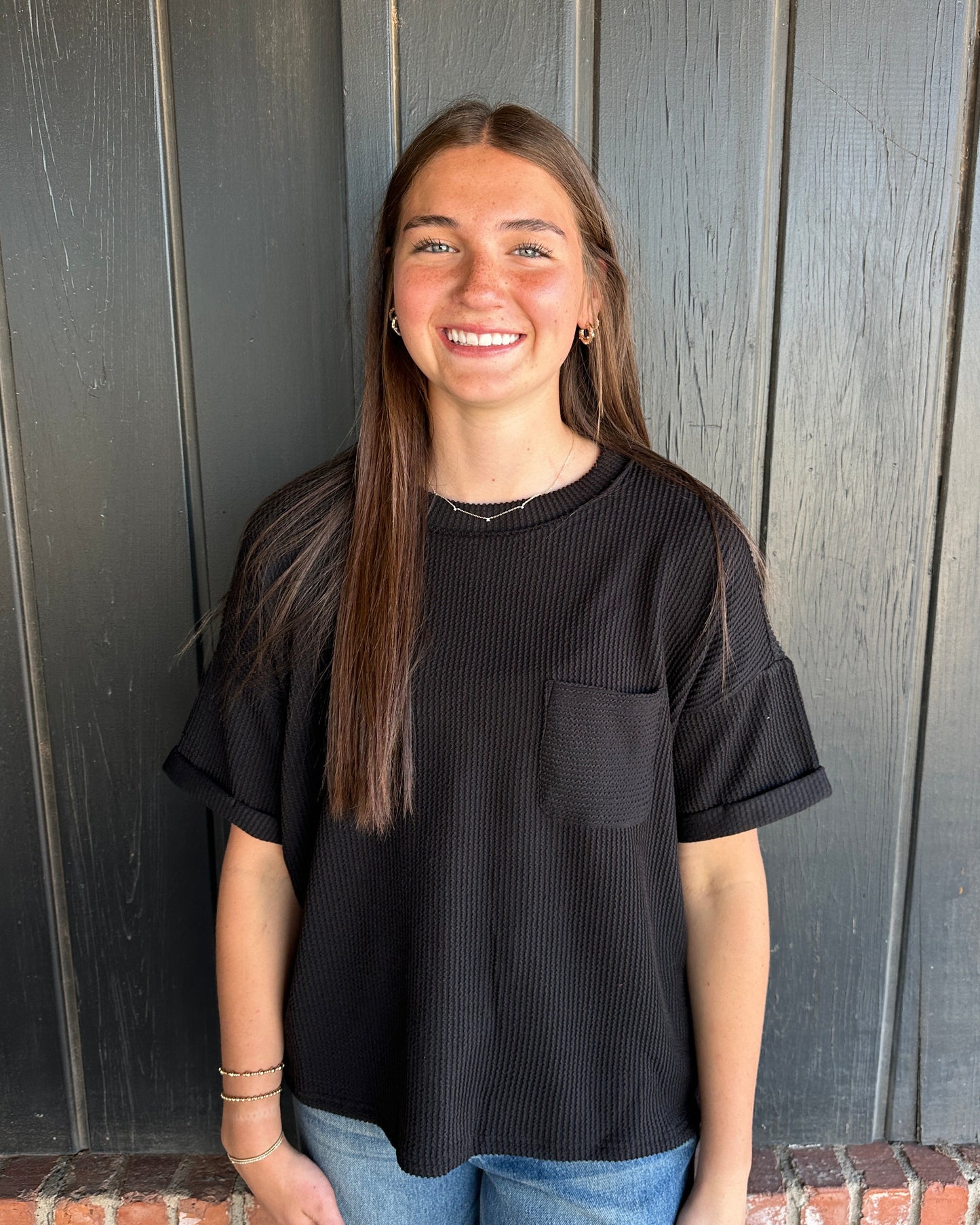 Black Ribbed pocket top