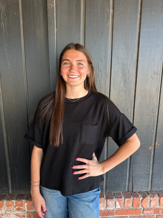 Black Ribbed pocket top