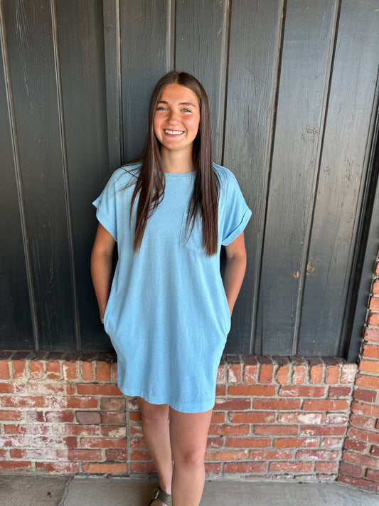 Blue Round Neck T-Shirt Mini Dress
