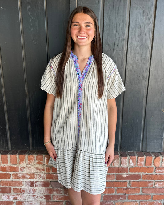 Blue MixV-Neck Button Down Shirt Dress