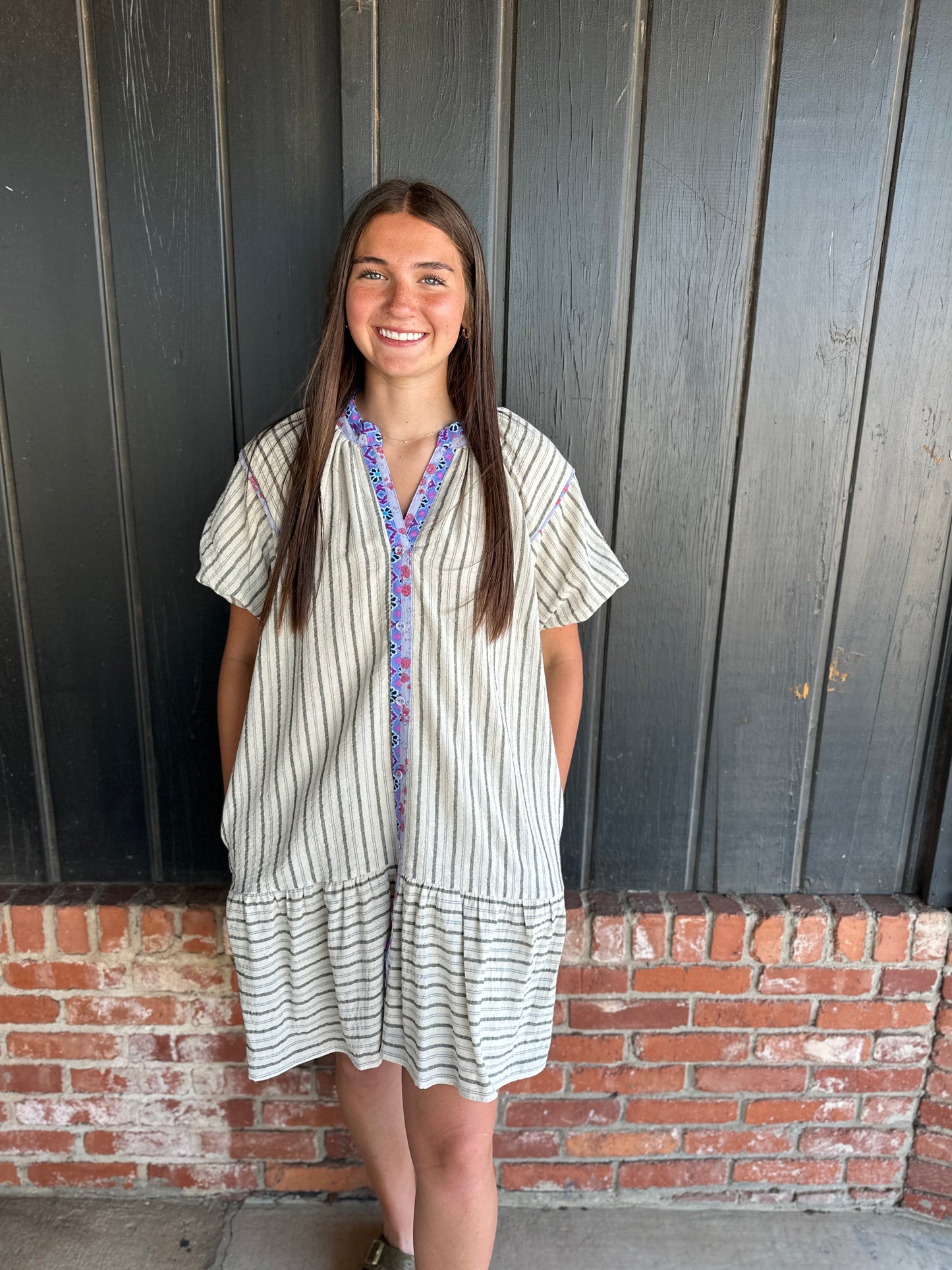 Blue MixV-Neck Button Down Shirt Dress