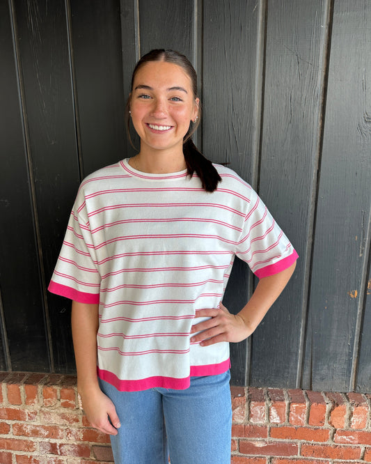 Hot Pink Stripe Short Sleeve Sweater