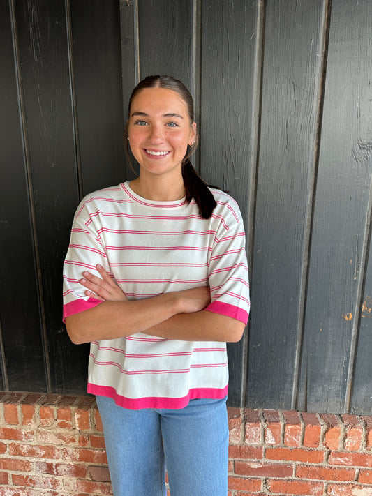 Hot Pink Stripe Short Sleeve Sweater