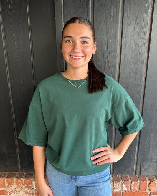 Dark Green Washed Crew Neck Short Sleeve Top