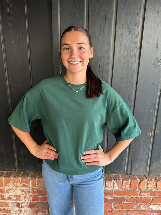 Dark Green Washed Crew Neck Short Sleeve Top