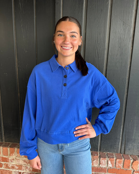 Royal Blue Washed Button-Front Collared Sweatshirt