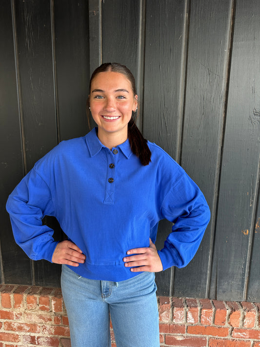 Royal Blue Washed Button-Front Collared Sweatshirt