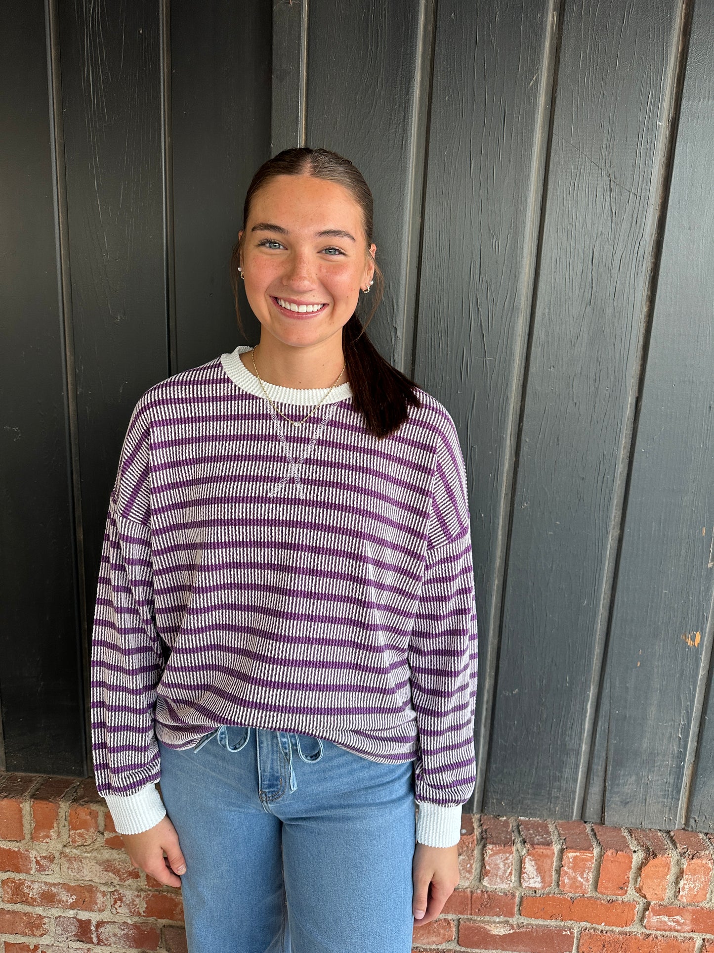 Purple Striped Round Neck Top