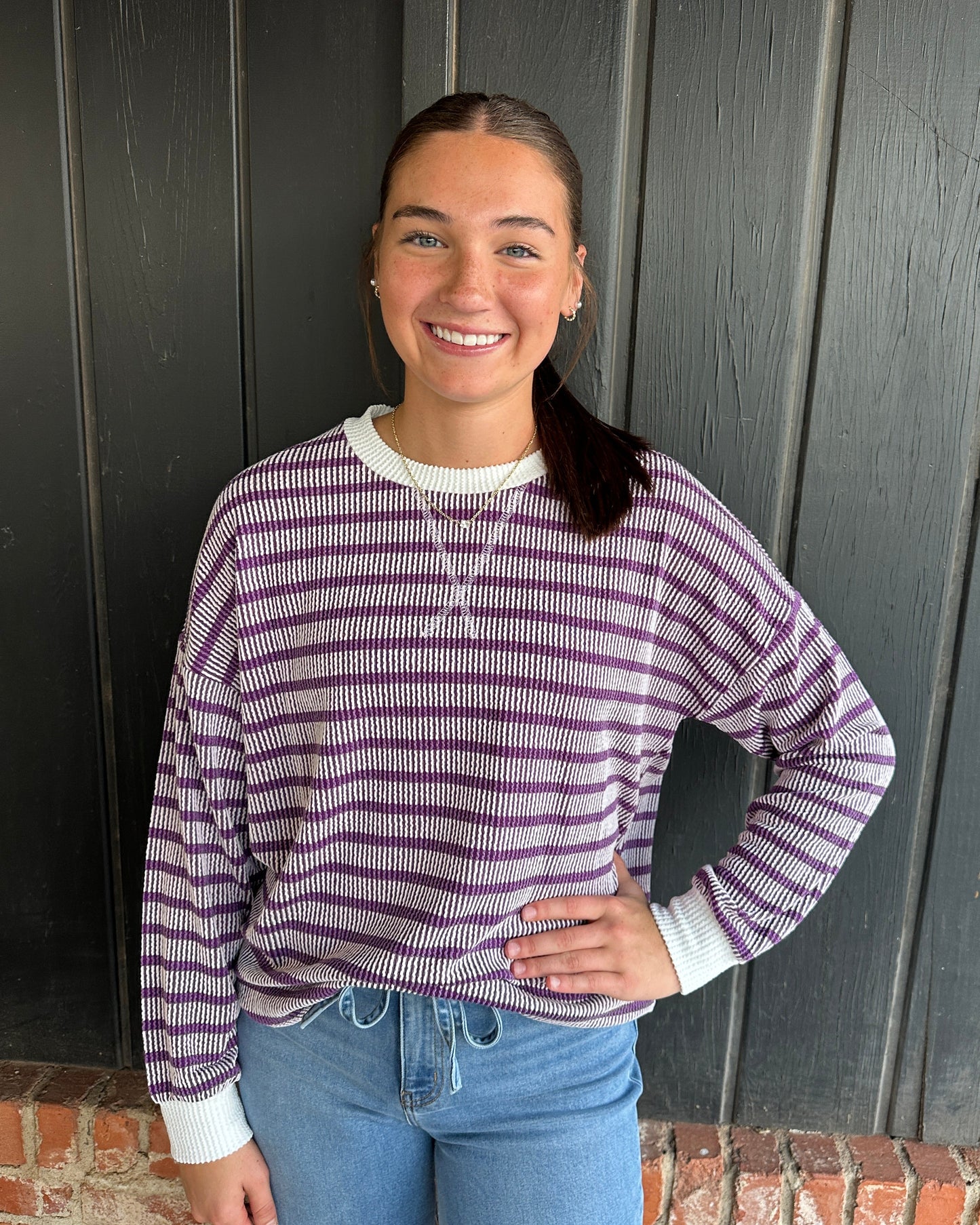 Purple Striped Round Neck Top