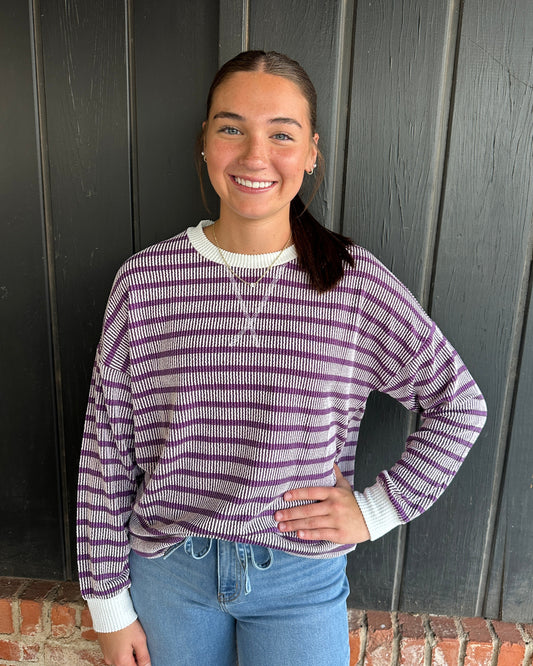 Purple Striped Round Neck Top