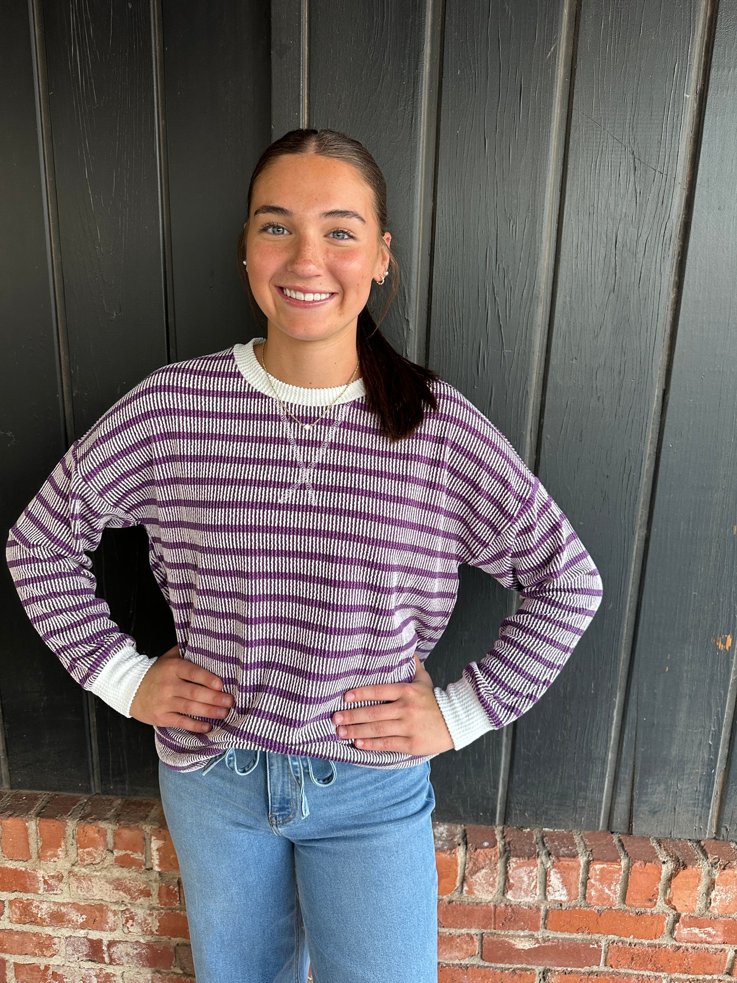 Purple Striped Round Neck Top