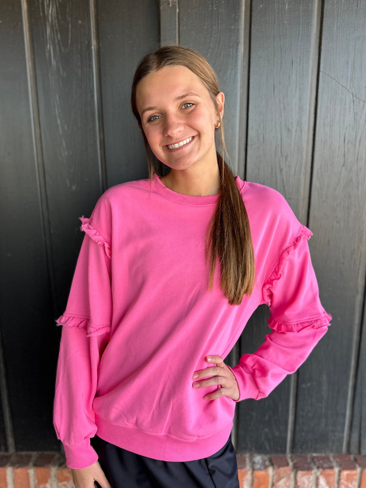 Pink Crew Neck Ruffle Detail French Terry Sweatshirt