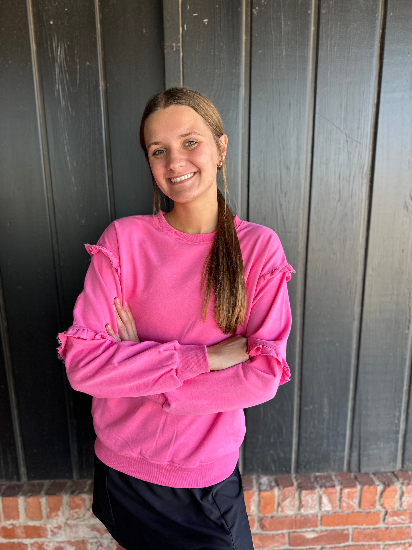 Pink Crew Neck Ruffle Detail French Terry Sweatshirt