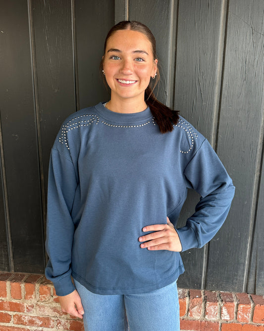 Blue Stud Shoulder Sweatshirt