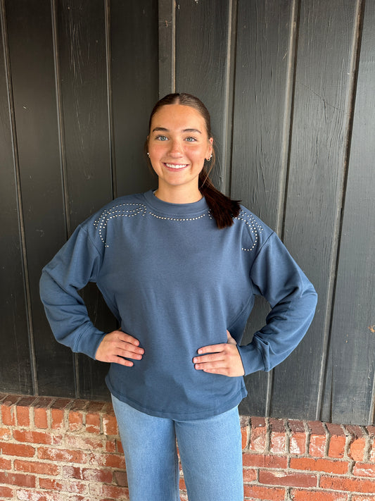 Blue Stud Shoulder Sweatshirt