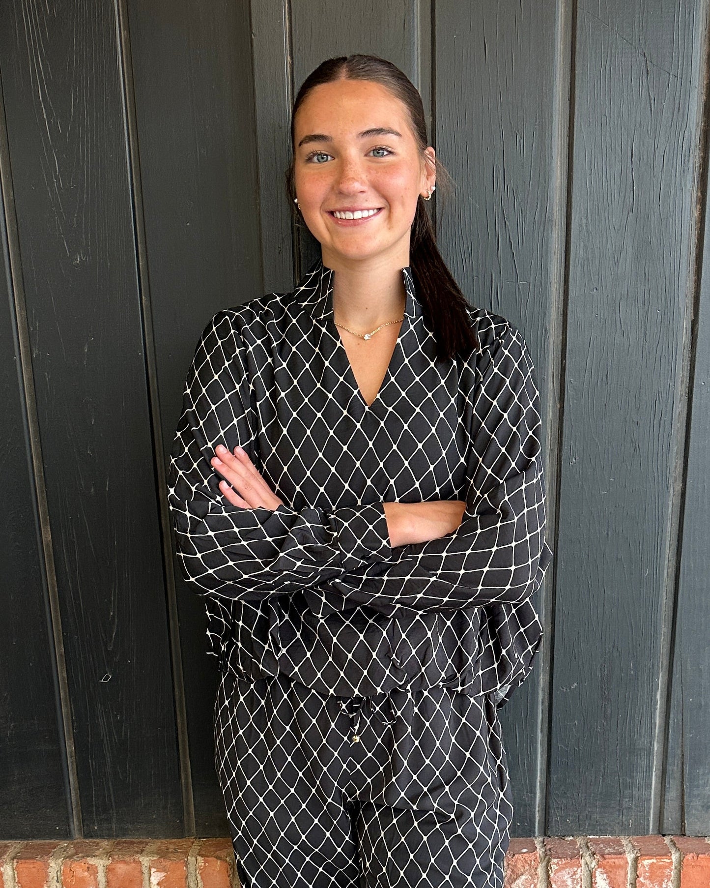 Black Geometric Print long sleeve top