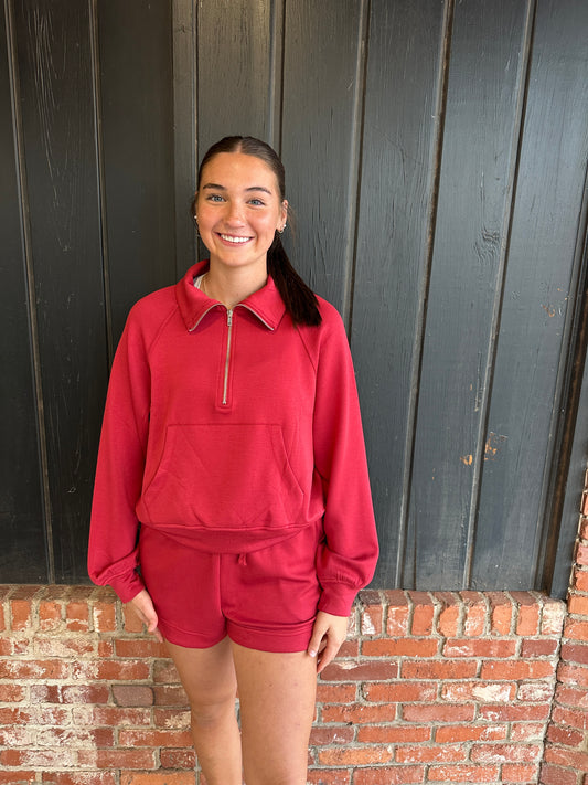 Dark Red Half-Zip Collar Raglan Pullover