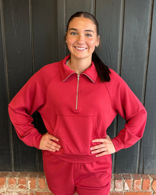 Dark Red Half-Zip Collar Raglan Pullover