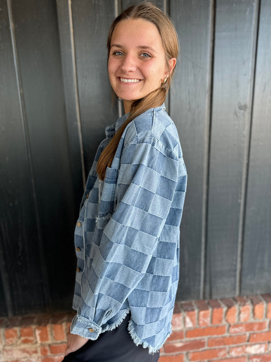 Denim Frayed Detail Checkered Shirt