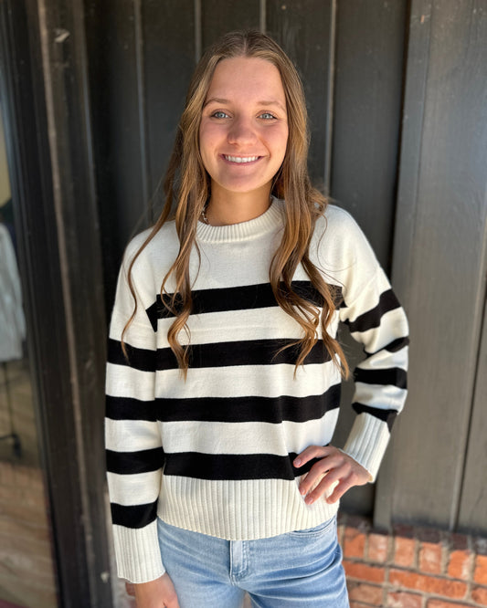 Black and Cream Striped Crew Neck Sweater