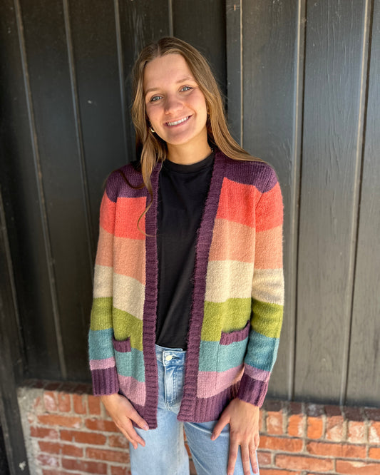 Plum Multi Color Blocked Sweater Cardigan