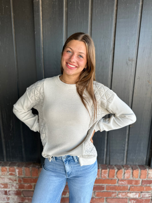 Ecru Mixed Fabric Crew Neck