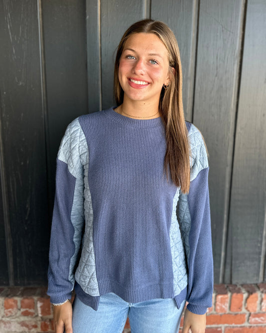 Blue/Gray Mixed Fabric Crewneck