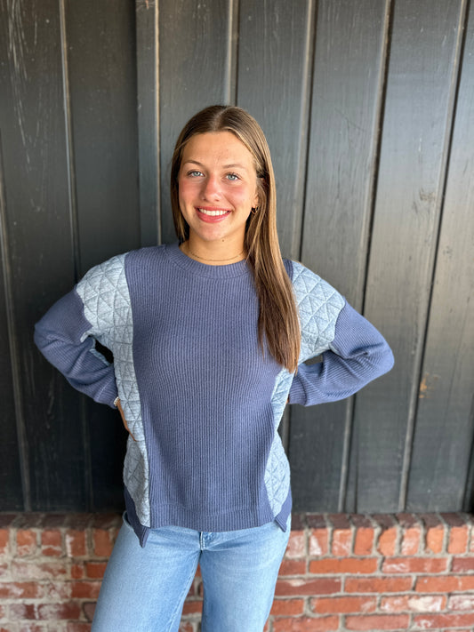 Blue/Gray Mixed Fabric Crewneck