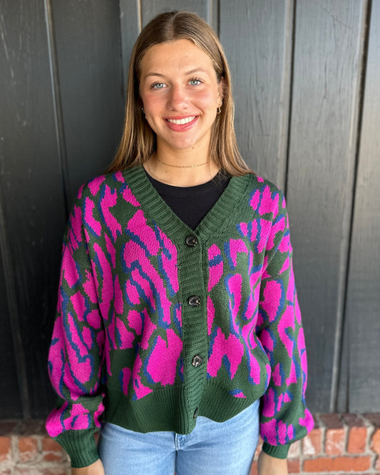 Hunter Green Animal Print Button Down Cardigan