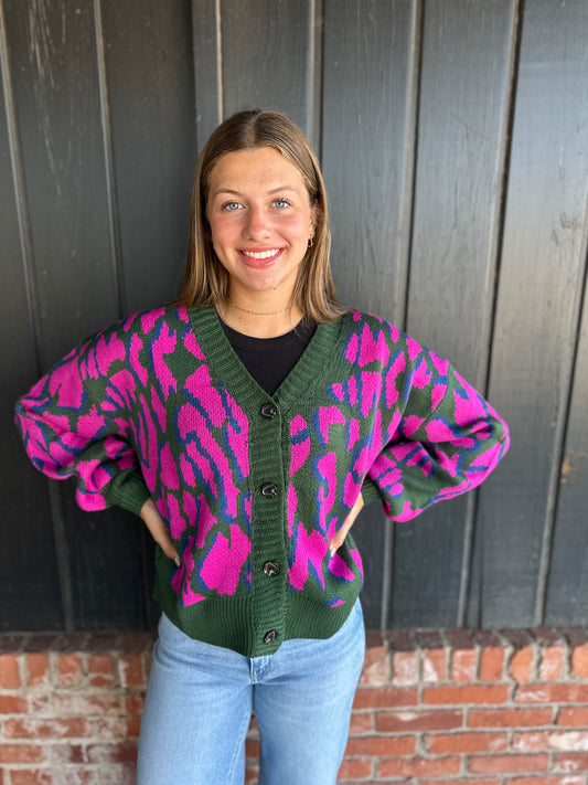 Hunter Green Animal Print Button Down Cardigan