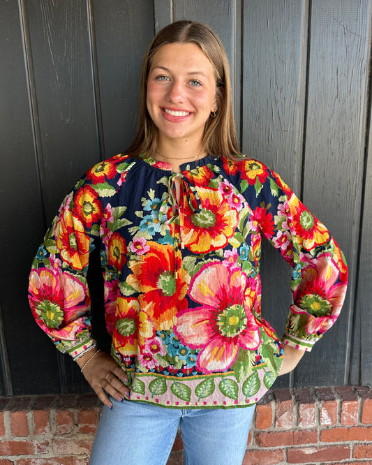 Navy Floral Border Printed Blouse