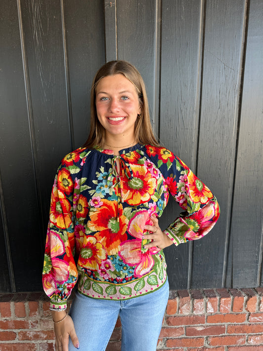 Navy Floral Border Printed Blouse