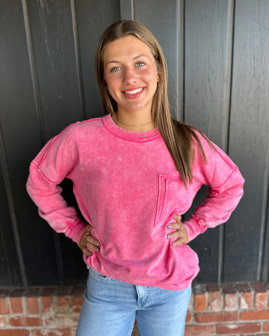 Pink Acid Wash Raw Edge Oversized Pullover